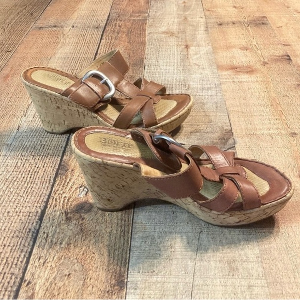 Born‎ Brown Leather Cork Wedge Sandals Strappy Buckle Slide W62326 Womens 7 - Picture 5 of 8